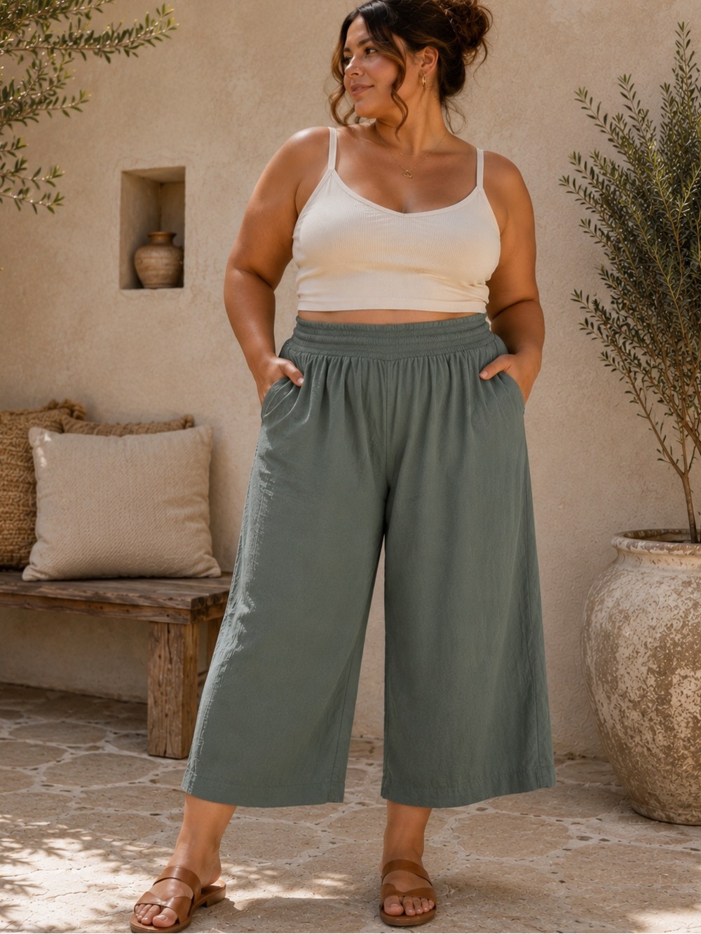 Briggs Women's XL Olive Green Wide Leg Flowy Pants Pull-On Elastic Waist Pockets